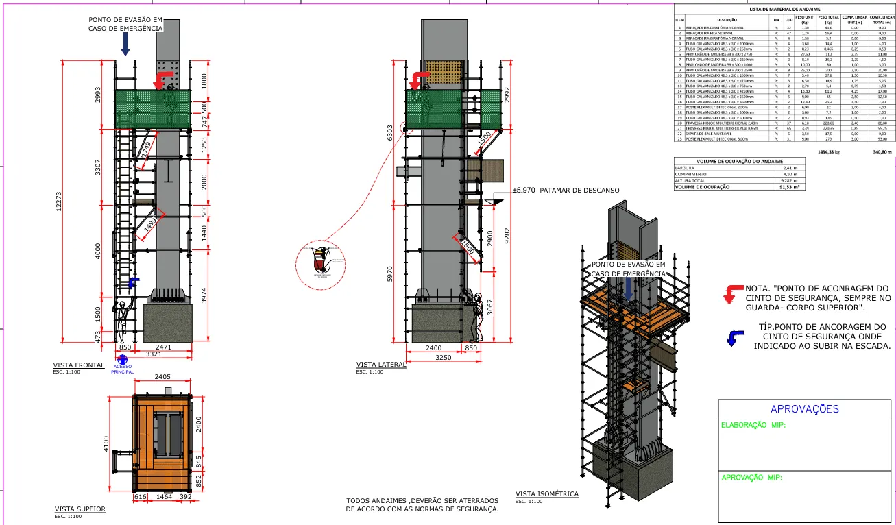 Desenho de configuração de andaime com vistas técnicas