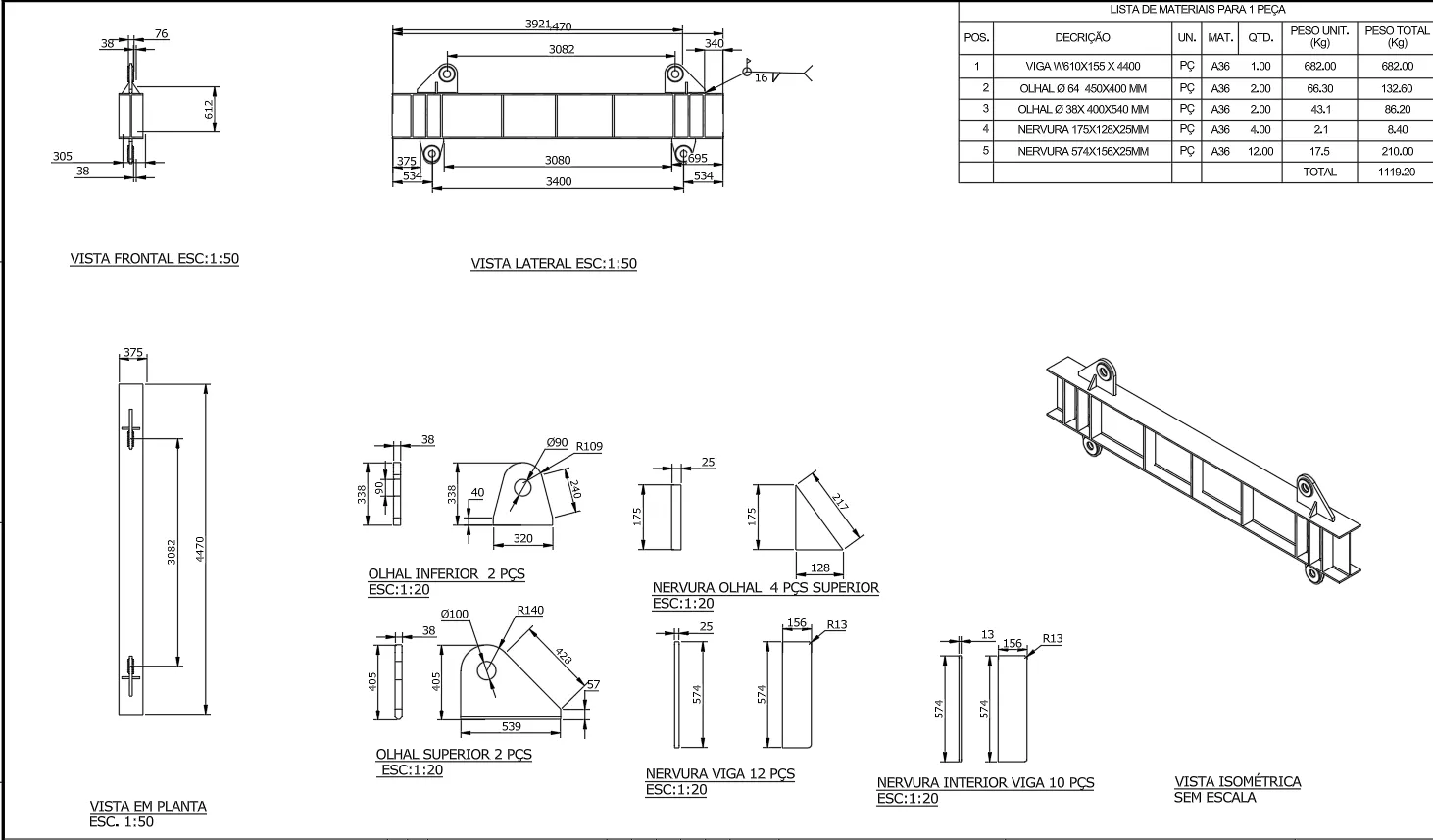 Desenho técnico com vistas e lista de materiais de um balancim de içamento